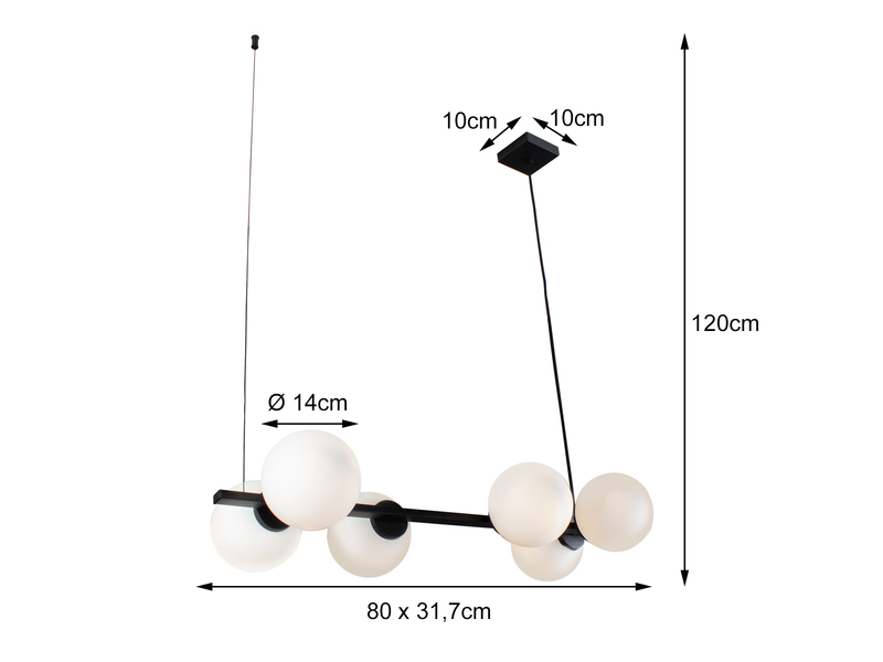 LED Pendelleuchte 6 flammig Schwarz & Opalglas Kugeln Weiß, Breite 80cm