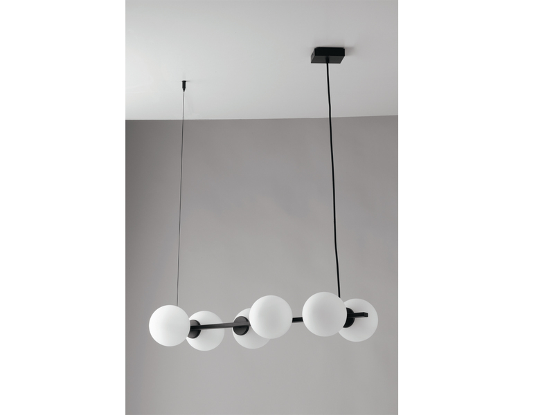 LED Pendelleuchte 6 flammig Schwarz & Opalglas Weiß, 80cm breit, 120cm lang