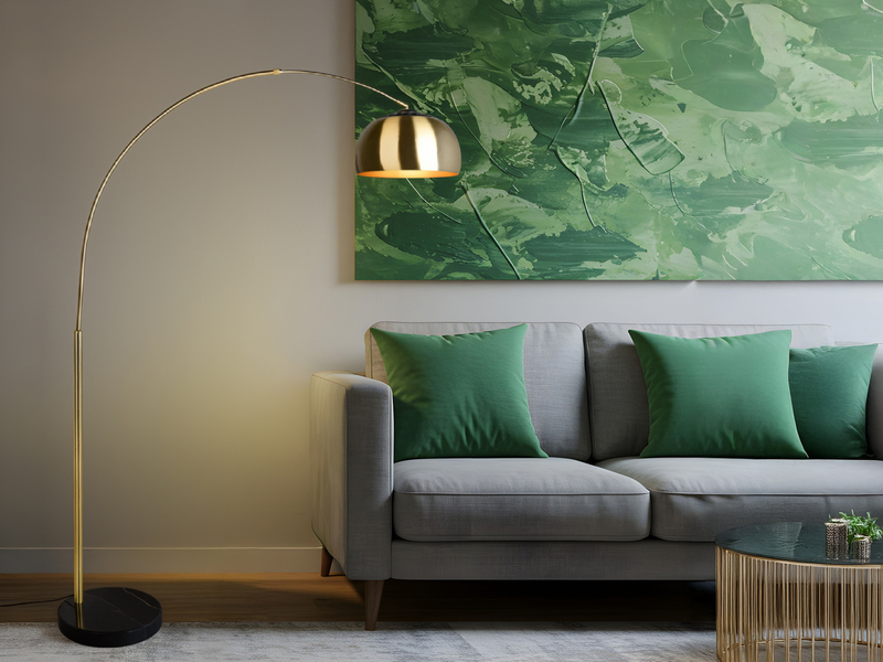 Bogenlampe ARGENTINA Messing matt Fuß Schwarz große Ausladung, Höhe 200cm