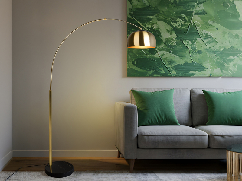 Bogenlampe ARGENTINA Schirm Messing Gold, große Ausladung, Höhe 200cm