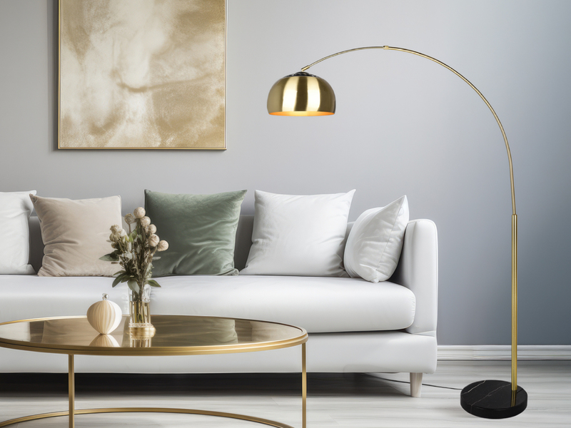 Bogenlampe ARGENTINA Messing matt Fuß Schwarz große Ausladung, Höhe 200cm