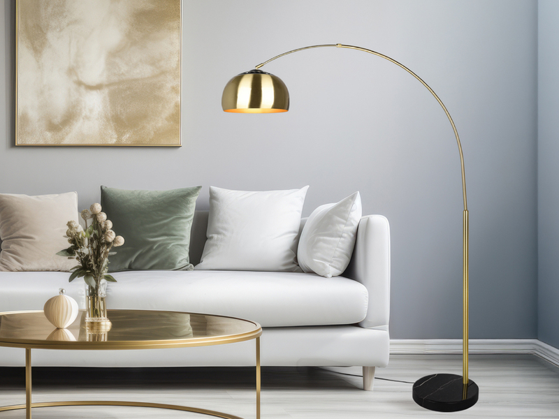 Bogenlampe ARGENTINA Schirm Messing Gold, große Ausladung, Höhe 200cm