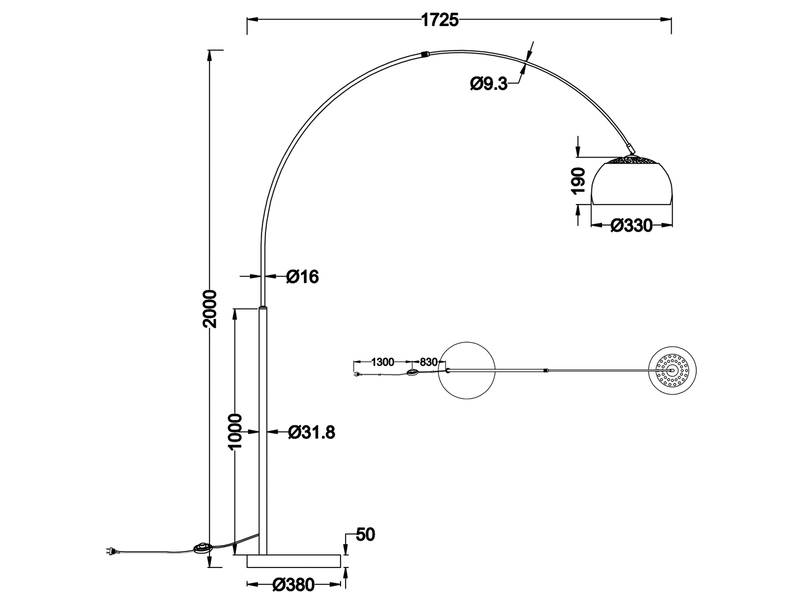Bogenlampe ARGENTINA Schirm Messing Gold, große Ausladung, Höhe 200cm