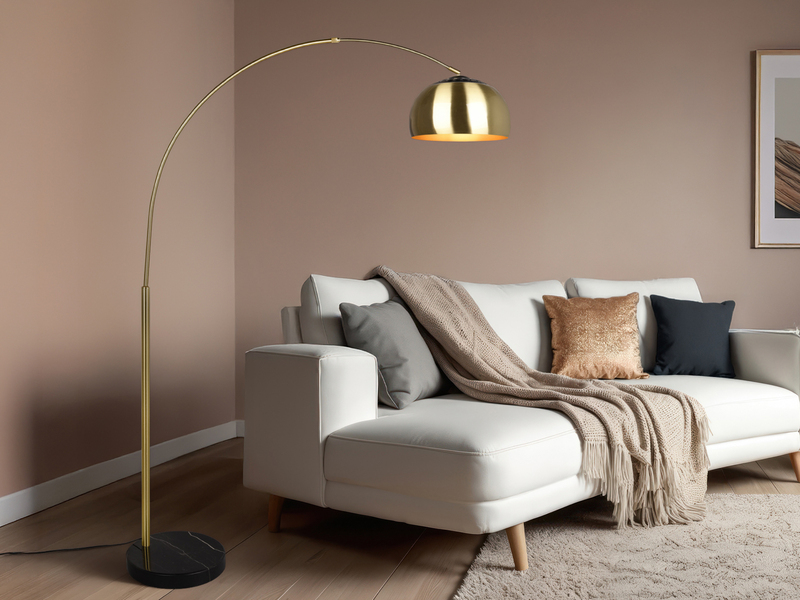 Bogenlampe ARGENTINA Schirm Messing Gold, große Ausladung, Höhe 200cm