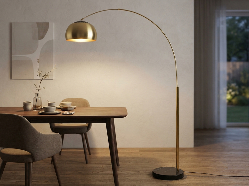 Bogenlampe ARGENTINA Schirm Messing Gold, große Ausladung, Höhe 200cm