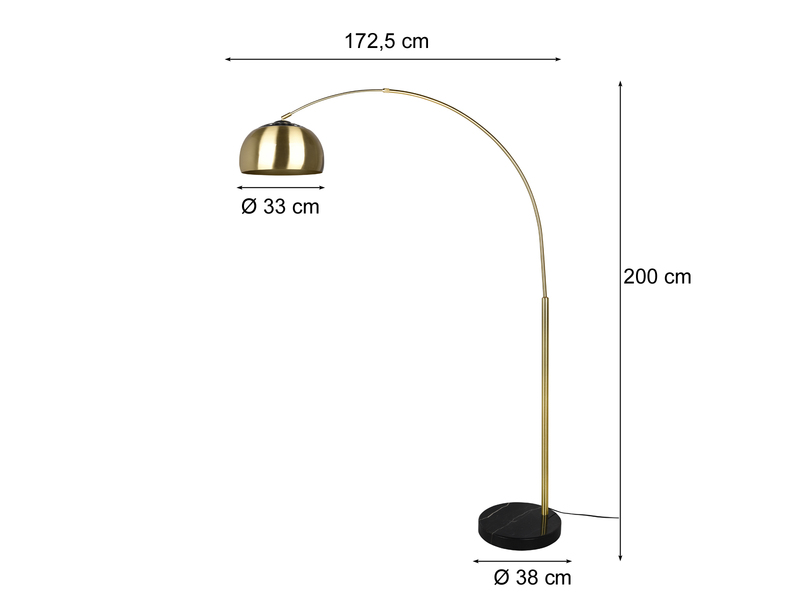 LED Bogenlampe Messing matt Marmorfuß Schwarz große Ausladung, Höhe 200cm