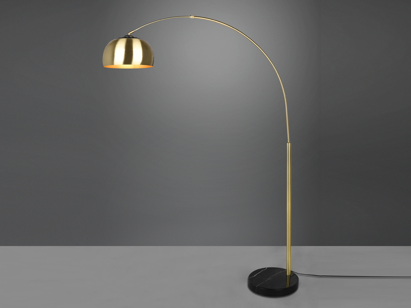 Bogenlampe Schirm Metall Messing Gold mit E27 LED, große Ausladung, Höhe 200cm