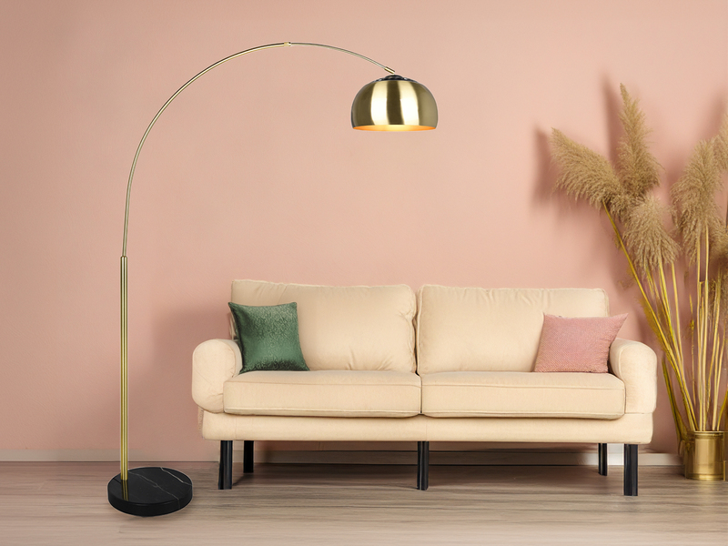 Bogenlampe Schirm Metall Messing Gold mit E27 LED, große Ausladung, Höhe 200cm