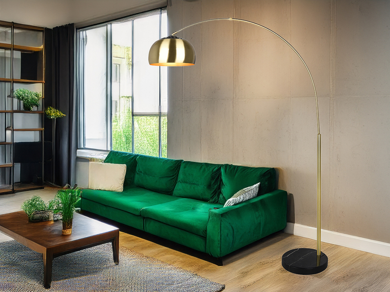 Bogenlampe Schirm Metall Messing Gold mit E27 LED, große Ausladung, Höhe 200cm