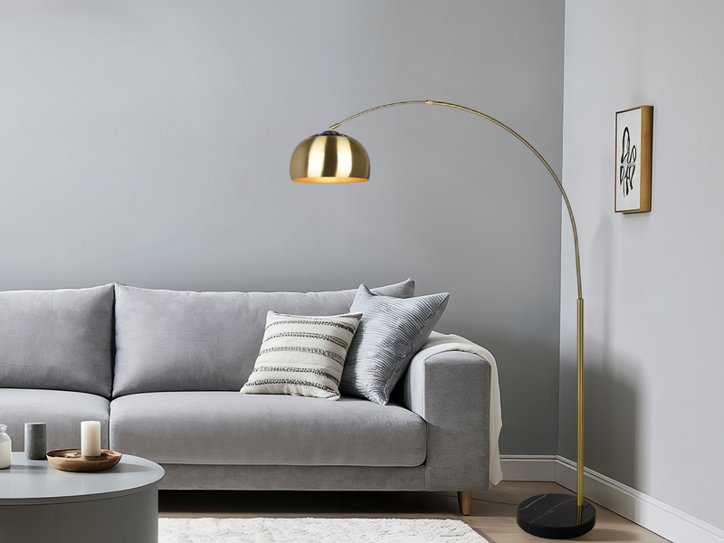 Bogenlampe Schirm Metall Messing Gold mit E27 LED, große Ausladung, Höhe 200cm