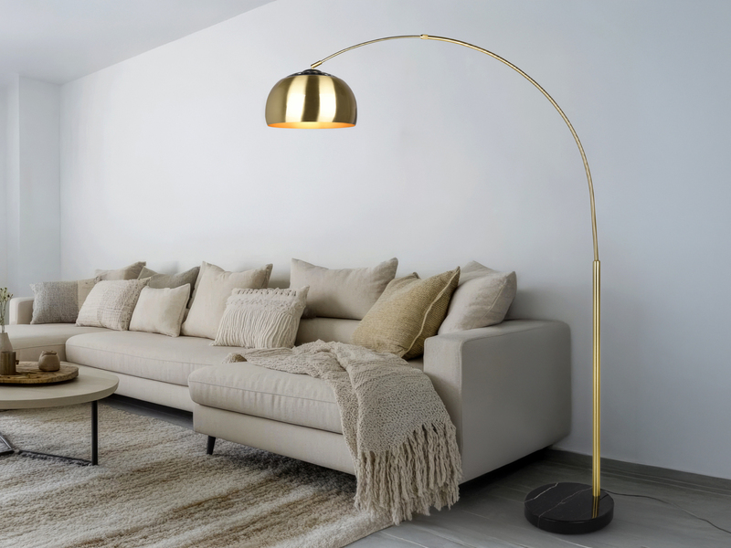 Bogenlampe Schirm Metall Messing Gold mit E27 LED, große Ausladung, Höhe 200cm