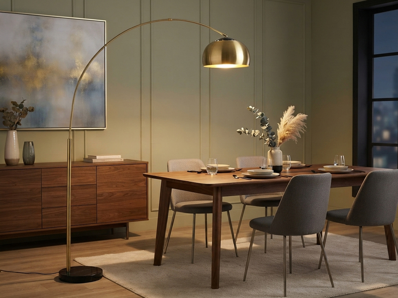Bogenlampe Schirm Metall Messing Gold mit E27 LED, große Ausladung, Höhe 200cm
