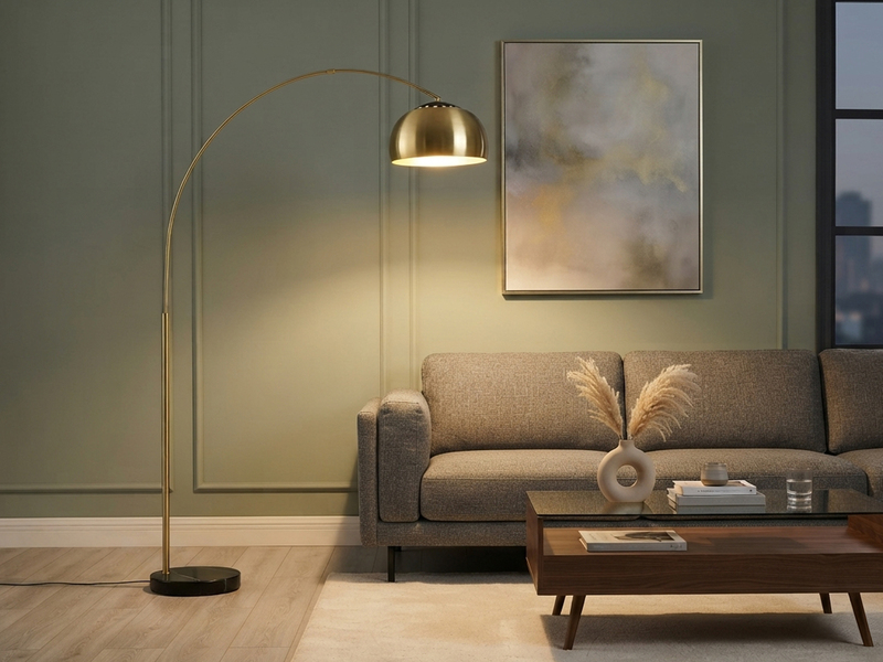 Bogenlampe Schirm Metall Messing Gold mit E27 LED, große Ausladung, Höhe 200cm