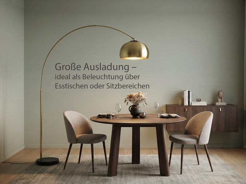 Bogenlampe Schirm Metall Messing Gold mit E27 LED, große Ausladung, Höhe 200cm