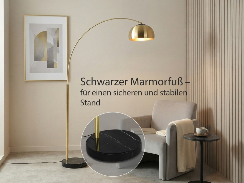 Bogenlampe Schirm Metall Messing Gold mit E27 LED, große Ausladung, Höhe 200cm
