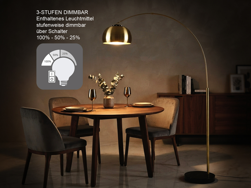 Bogenlampe Schirm Metall Messing Gold mit E27 LED, große Ausladung, Höhe 200cm