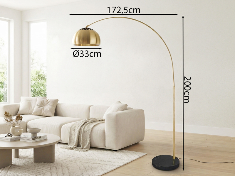 Bogenlampe Schirm Metall Messing Gold mit E27 LED, große Ausladung, Höhe 200cm