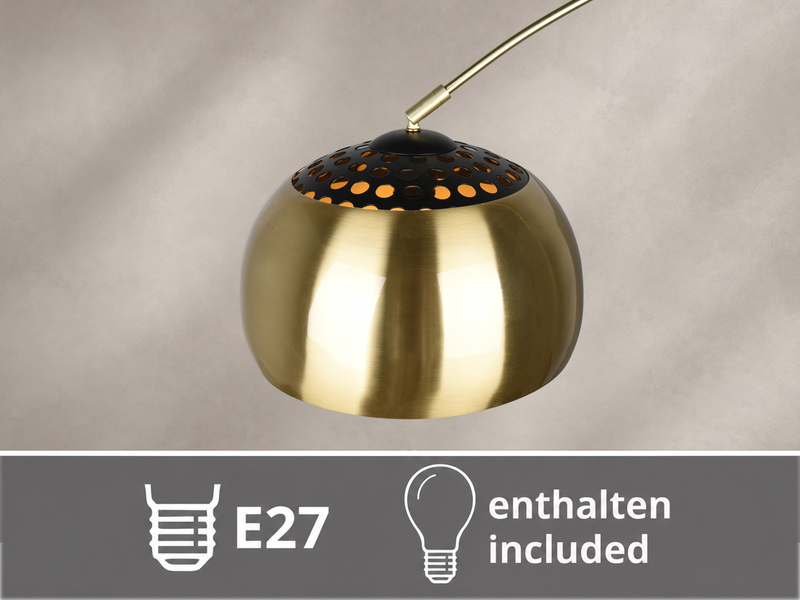 Bogenlampe Schirm Metall Messing Gold mit E27 LED, große Ausladung, Höhe 200cm