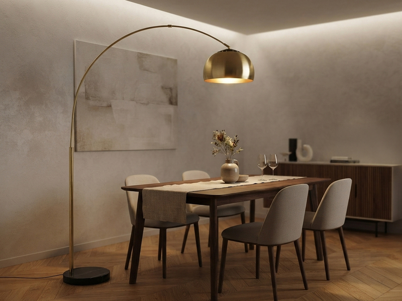 Bogenlampe Schirm Metall Messing Gold mit E27 LED, große Ausladung, Höhe 200cm