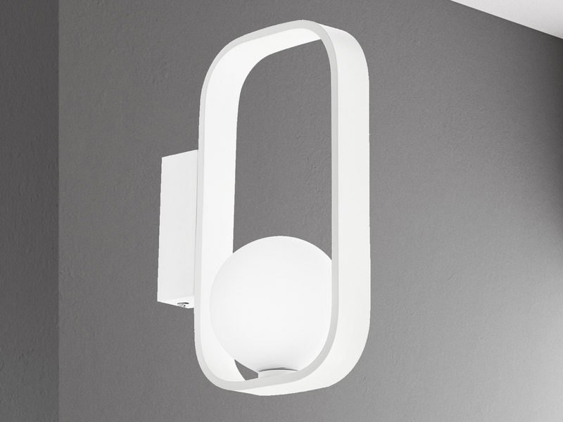 Ausgefallene LED Wandleuchte Weiß mit Glaskugel Opalweiß, Höhe 24cm