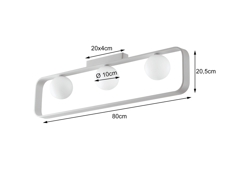 LED Deckenleuchte 3 flammig Metall Weiß & Opal Glaskugeln, 80cm breit