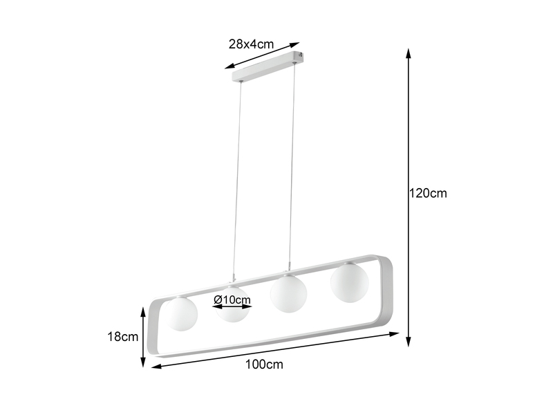 LED Pendelleuchte 4 flammig Metall Weiß & Opal Glaskugeln, bis 120cm lang