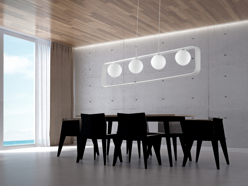 LED Pendelleuchte 4 flammig Metall Weiß & Opal Glaskugeln, bis 120cm lang