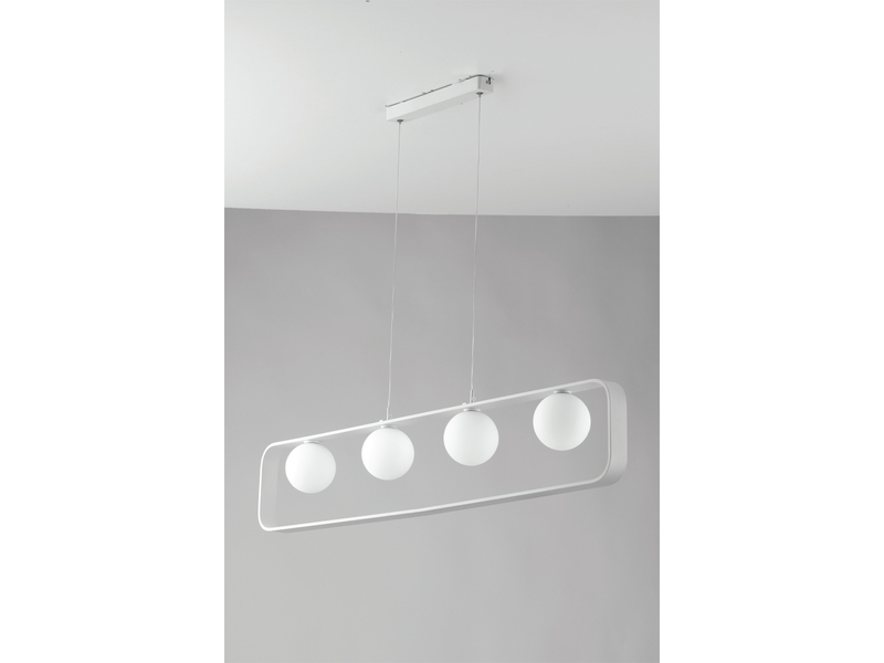 LED Pendelleuchte 4 flammig Metall Weiß & Opal Glaskugeln, bis 120cm lang