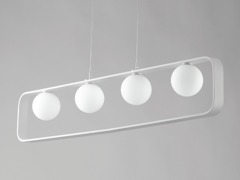 LED Pendelleuchte 4 flammig Metall Weiß & Opal Glaskugeln, bis 120cm lang