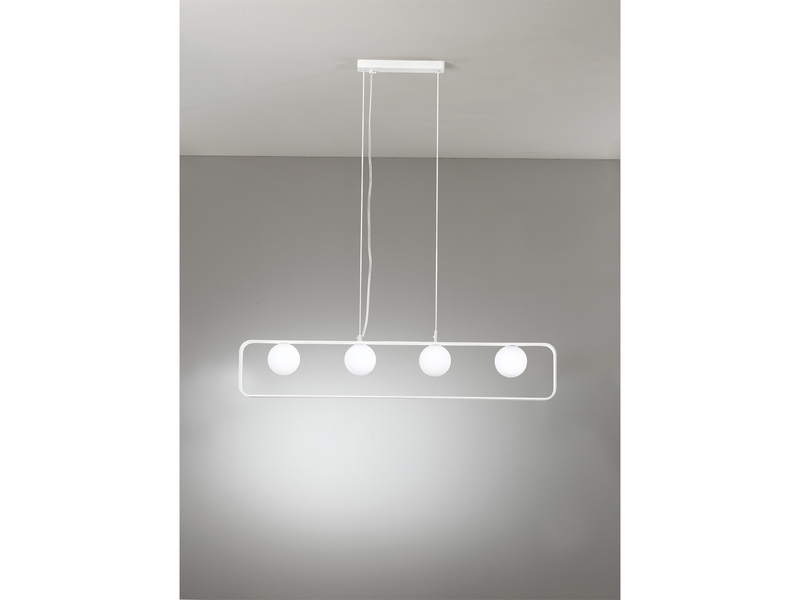 LED Pendelleuchte 4 flammig Metall Weiß & Opal Glaskugeln, bis 120cm lang