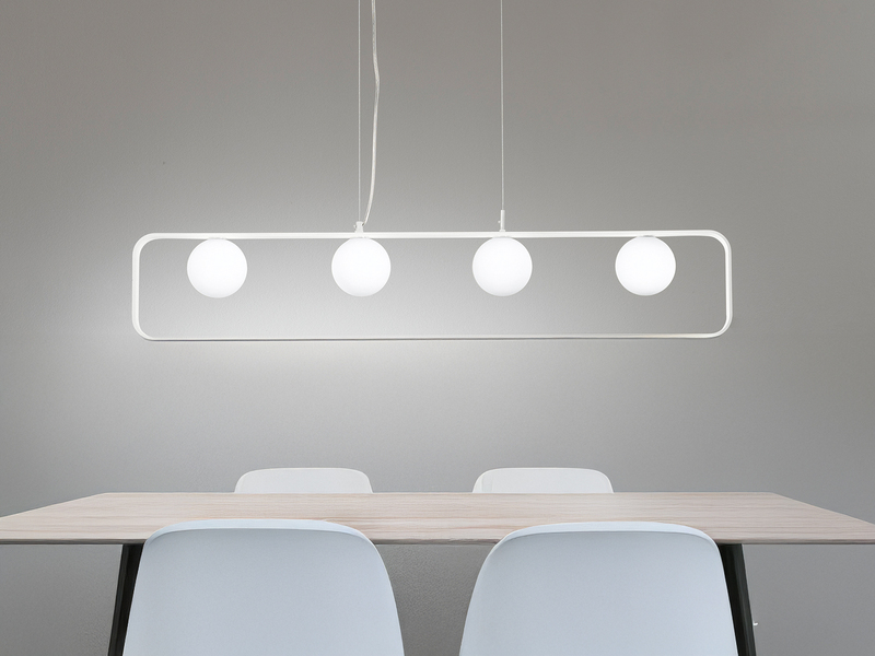 LED Pendelleuchte 4-flammig Weiß Glaskugeln Opalweiß, Breite 100cm
