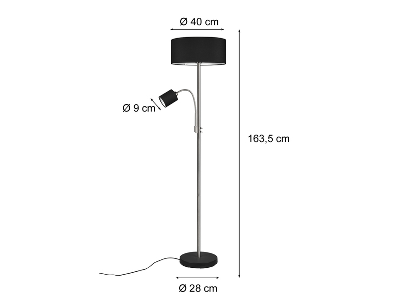 LED Stehleuchte Silber mit Leselicht & Stoffschirm Schwarz, 163cm
