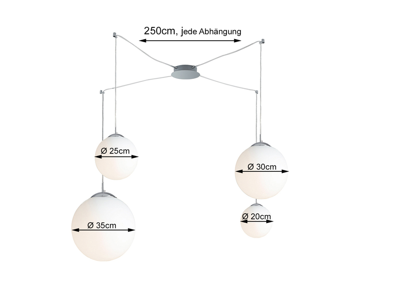 Große Pendelleuchte CITY 4 flammig & Glaskugeln Weiß satiniert, bis 250cm lang