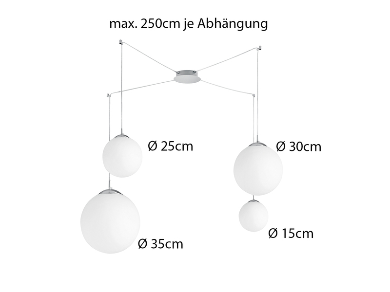 Pendelleuchte CITY 4 flammig mit Glaskugeln Opalweiß, Abhängung bis 250cm