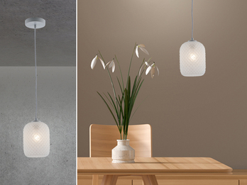 Pendelleuchte ASHFORD einflammig Kristall Glasschirm in Weiß, Ø 20cm