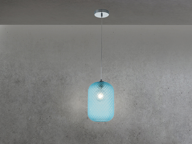 Pendelleuchte ASHFORD Relief Kristallglas transparent Blau Ø20cm