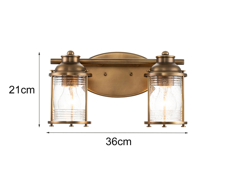 LED Wandleuchte in Messing für Badezimmer & Wohnraum, 2-flammig Breite 36cm