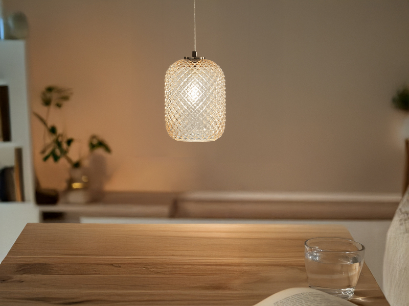 LED Pendelleuchte einflammig Kristall Glasschirm Bernsteinfarben, Ø15cm