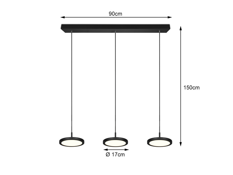 LED Pendelleuchte TRAY 3-flammig dimmbar Schwarz, Breite 90cm
