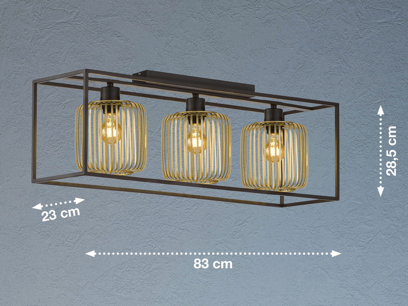 LED Deckenleuchte 3-flammig Schwarz Gold dimmbar über Schalter, Breite 83cm