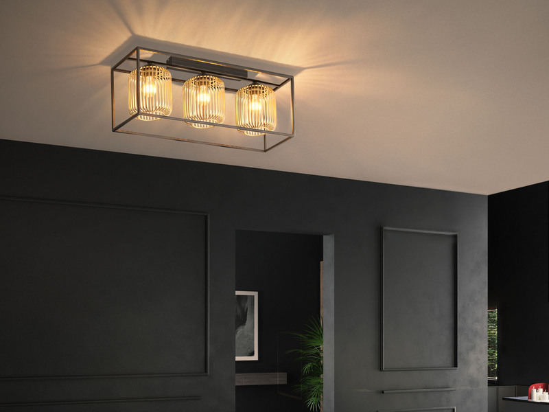 LED Deckenleuchte 3-flammig Schwarz Gold dimmbar über Schalter, Breite 83cm