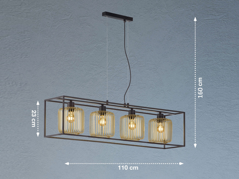 LED Pendelleuchte Schwarz Gold 4-flammig lang, Breite 110cm
