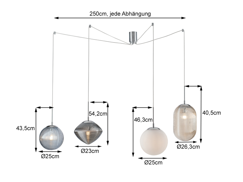 Pendelleuchte GREENWICH mit 4 Relief Glas Lampenschirmen, Höhe 166cm
