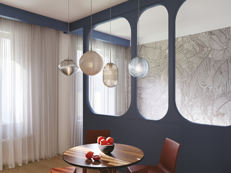 Pendelleuchte GREENWICH mit 4 Relief Glas Lampenschirmen, Höhe 166cm