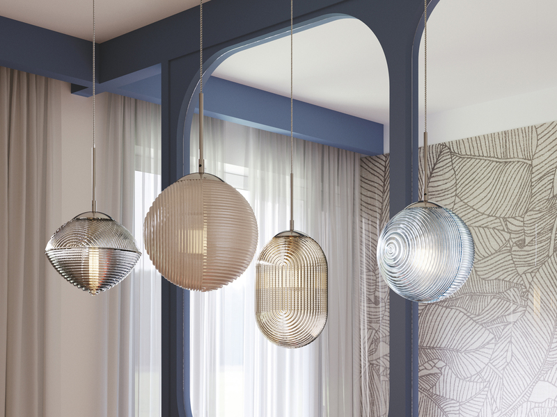 Pendelleuchte GREENWICH mit 4 Relief Glas Lampenschirmen, Höhe 166cm