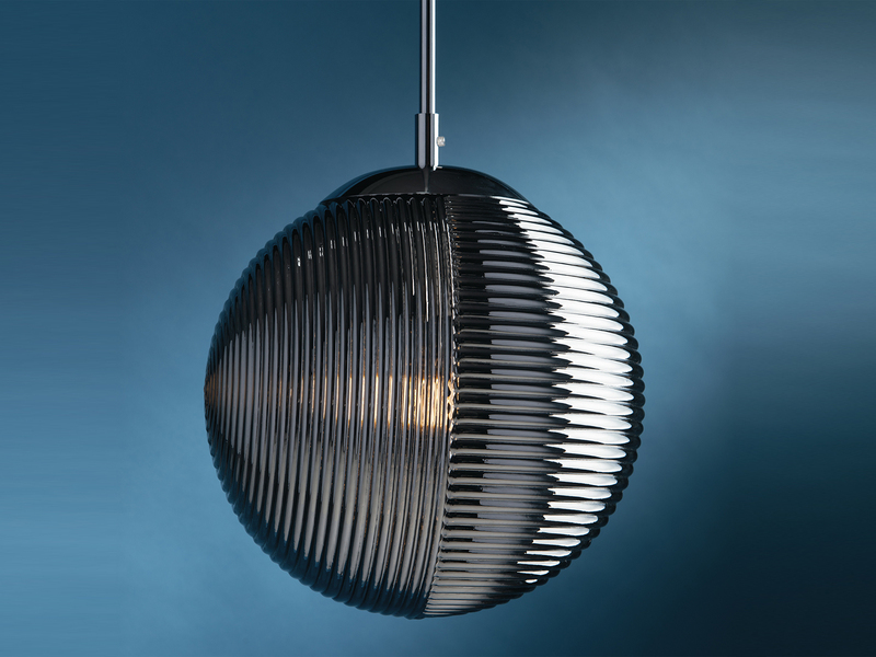 LED Pendelleuchte einflammig mit Relief Glaskugel aus Rauchglas, Ø 25cm