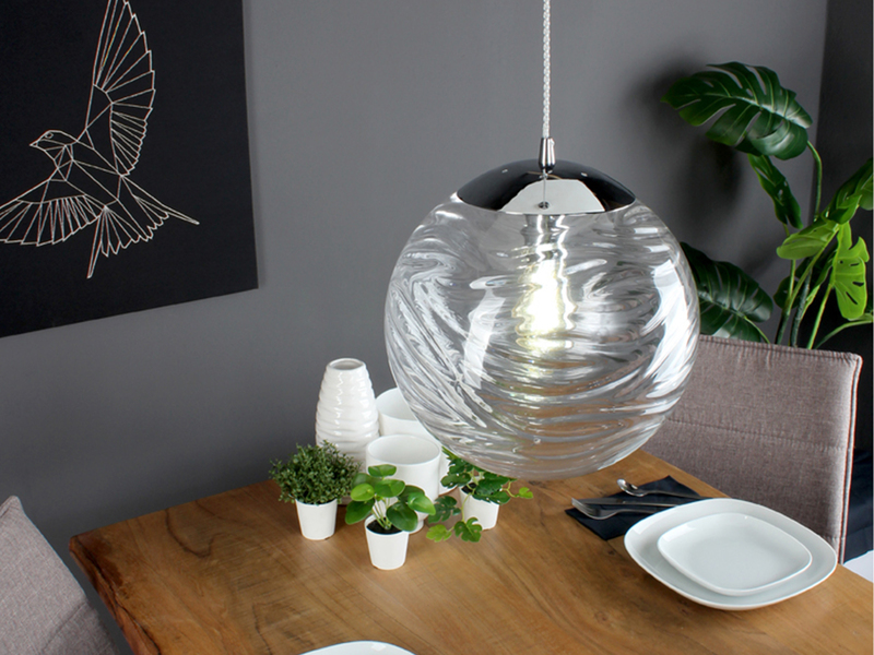 Pendelleuchte NEREIDE Glaskugel Wellenmuster in Transparent, Ø 33cm