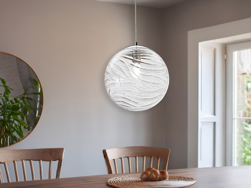 Pendelleuchte NEREIDE Glaskugel Wellenmuster in Transparent, Ø 33cm