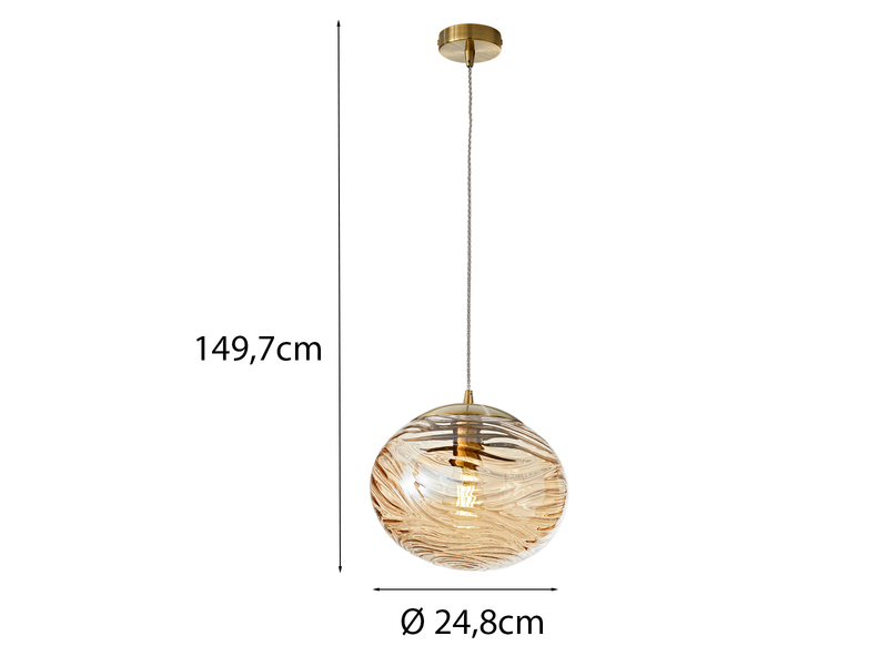 Pendelleuchte NEREIDE Glaskugel Wellenmuster Champagner, Ø 24,8cm