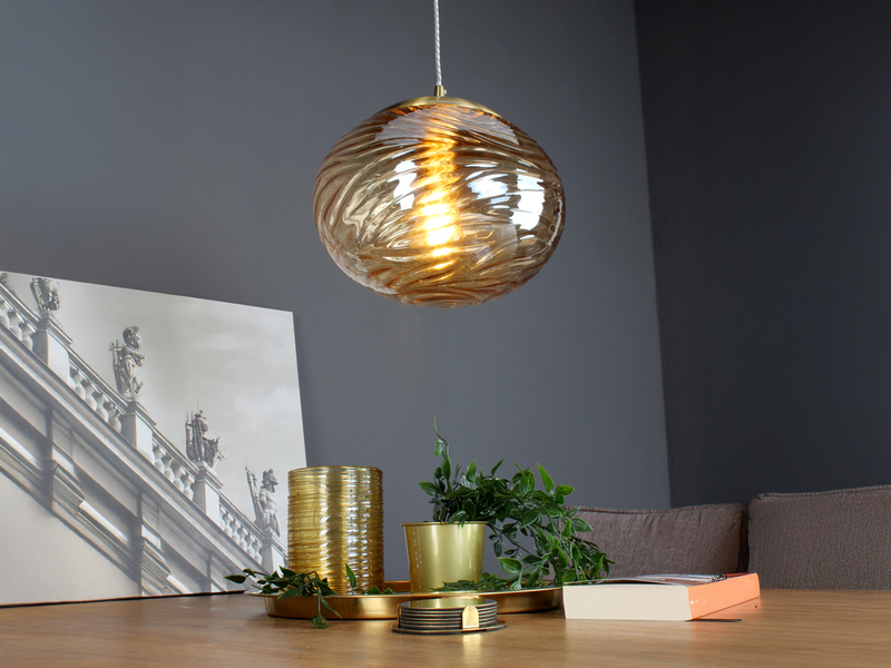 Pendelleuchte NEREIDE Glaskugel Wellenmuster Champagner, Ø 24,8cm
